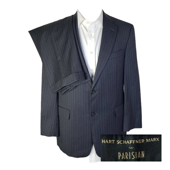 Hart‎ Schaffner Marx Gray Pinstripe Wool Two Button 2 Piece Suit Mens 42R 36x29 - Picture 1 of 11